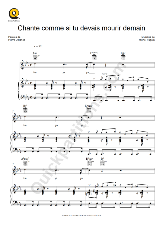 Partition piano Chante comme si tu devais mourir demain - Michel Fugain