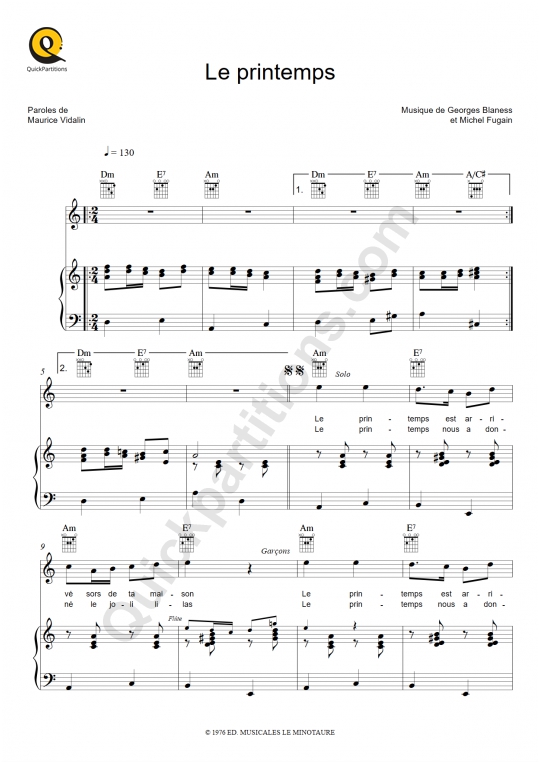 Partition piano Le printemps - Michel Fugain