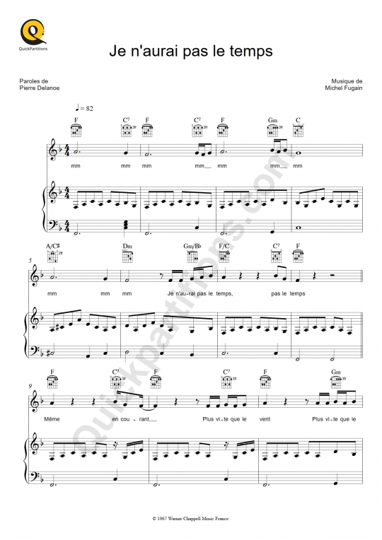 Je n'aurai pas le temps Piano Sheet Music - Michel Fugain