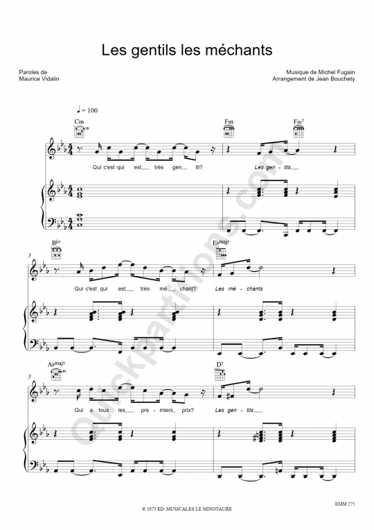 Les gentils les méchants Piano Sheet Music - Michel Fugain