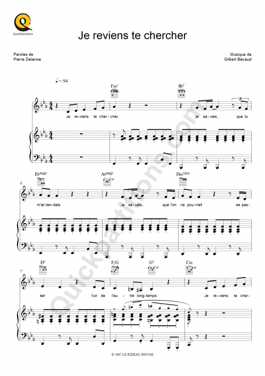 Je reviens te chercher Piano Sheet Music - Gilbert Bécaud