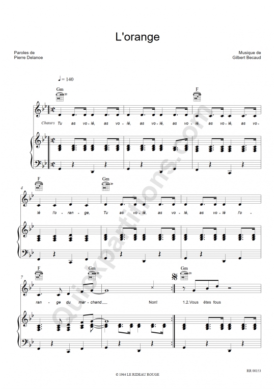 Partition piano L'orange de Gilbert Bécaud