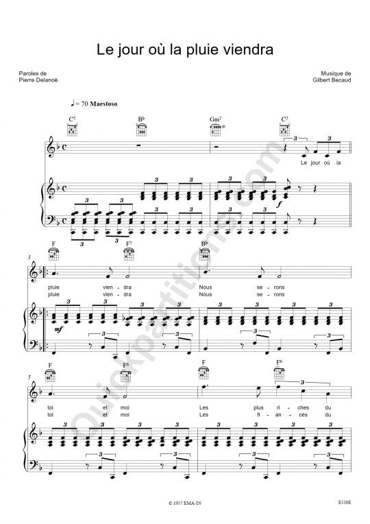 Partition piano Le jour où la pluie viendra - Gilbert Bécaud