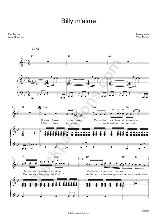 Billy m'aime Piano Sheet Music - Alain Souchon