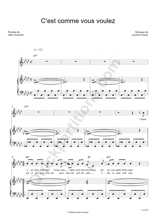 C'est comme vous voulez Piano Sheet Music - Alain Souchon