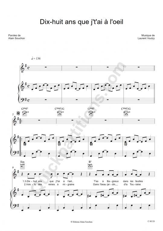 Dix huit ans que je t'ai à l'oeil Piano Sheet Music - Alain Souchon