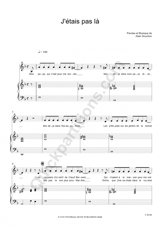 J'étais pas là Piano Sheet Music - Alain Souchon