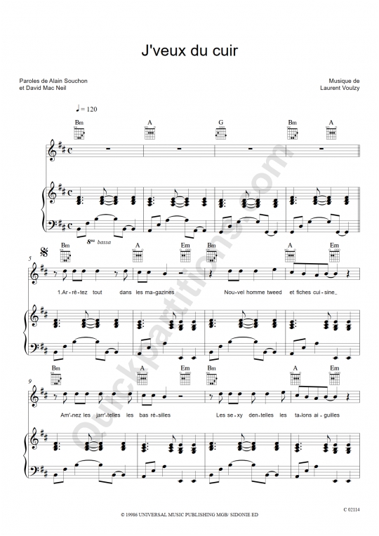 J'veux du cuir Piano Sheet Music - Alain Souchon