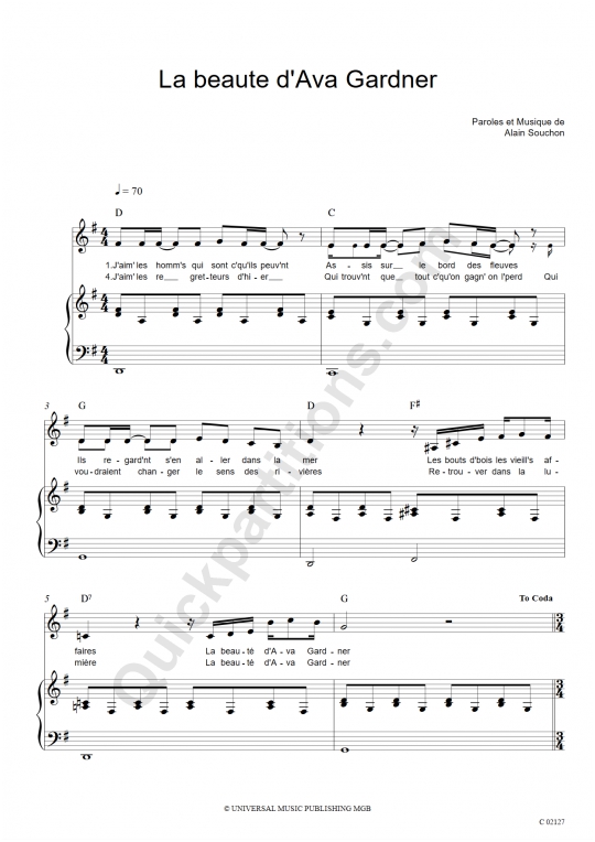 La beauté d'Ava Gardner Piano Sheet Music - Alain Souchon