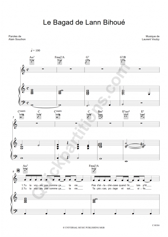 Le Bagad De Lann Bihoue Souchon Partition piano Le Bagad de Lann Bihoué - Alain Souchon (Partition