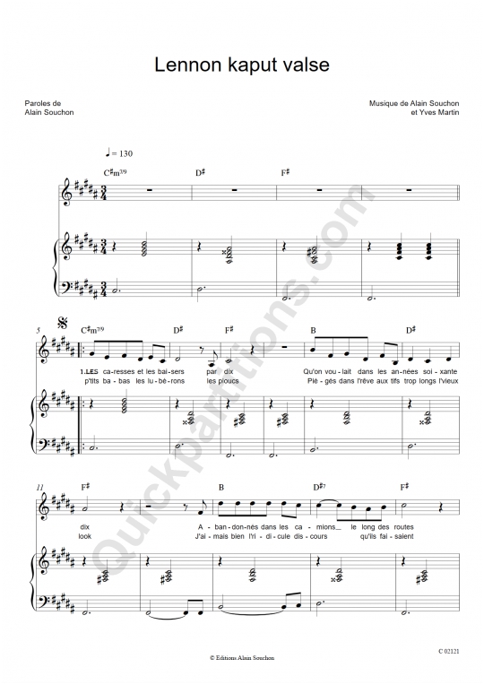 Partition piano Lennon kaput valse - Alain Souchon