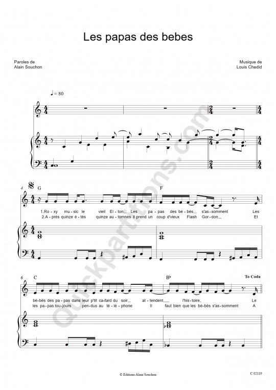 Les papas des bébés Piano Sheet Music - Alain Souchon