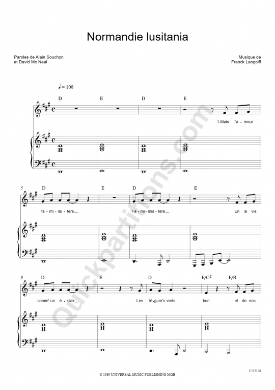 Normandie Lusitania Piano Sheet Music - Alain Souchon