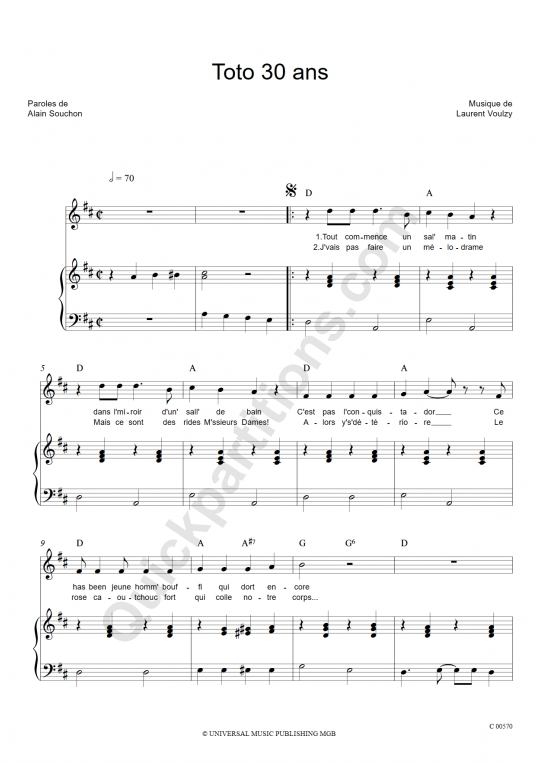 Partition piano Toto trente ans - Alain Souchon