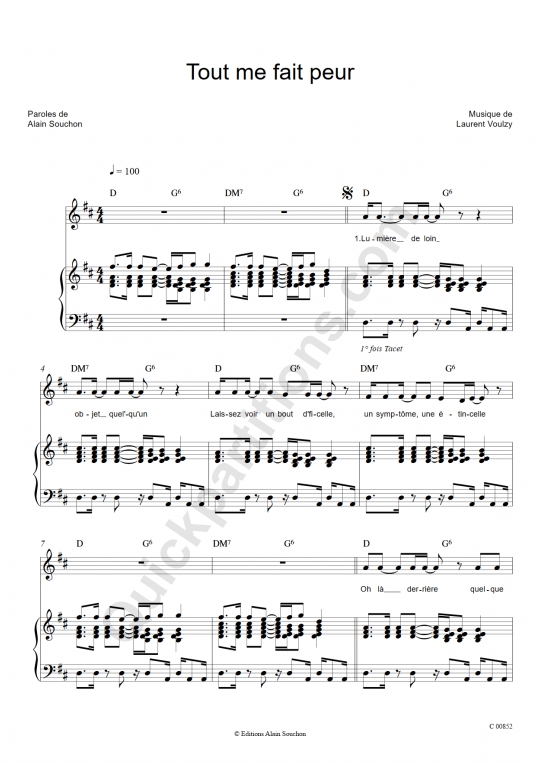 Tout me fait peur Piano Sheet Music - Alain Souchon