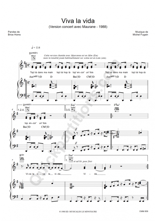 Viva La Vida Piano Sheet Music - Michel Fugain