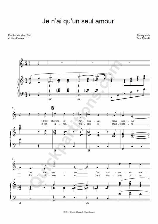Partition piano Je n'ai qu'un seul amour - Ray Ventura
