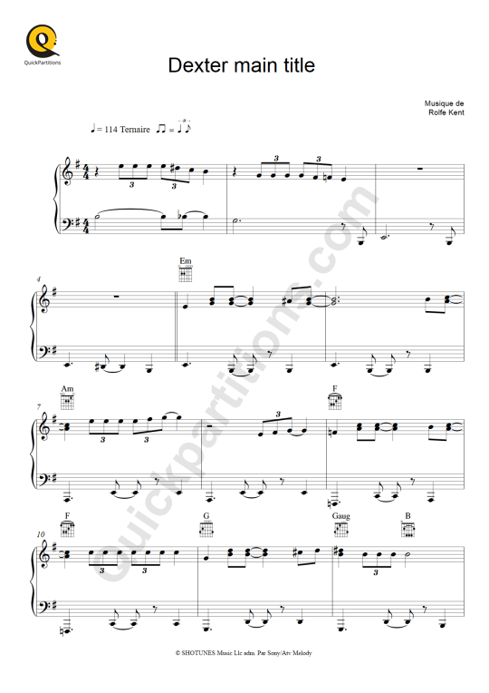 Partition piano Dexter Main Title - Rolfe Kent
