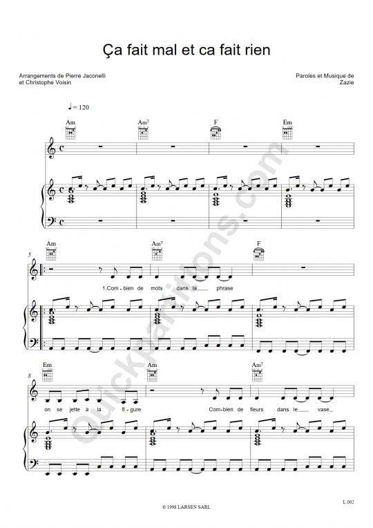 Ca fait mal et ca fait rien Piano Sheet Music - Zazie