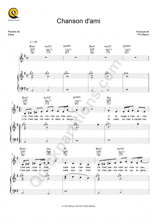 Chanson d'ami Piano Sheet Music - Zazie
