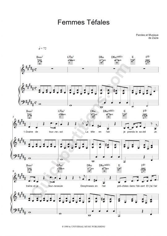 Femmes Téfales Piano Sheet Music - Zazie