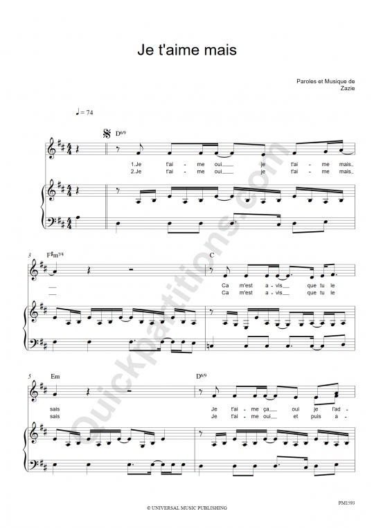 Je t'aime mais Piano Sheet Music - Zazie