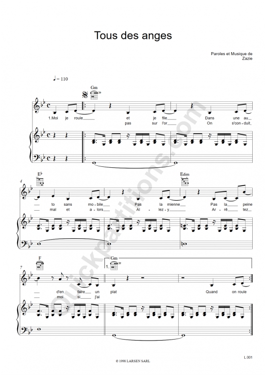 Partition piano Tous des anges - Zazie