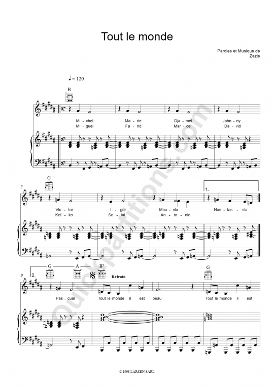 Tout le monde Piano Sheet Music from Zazie