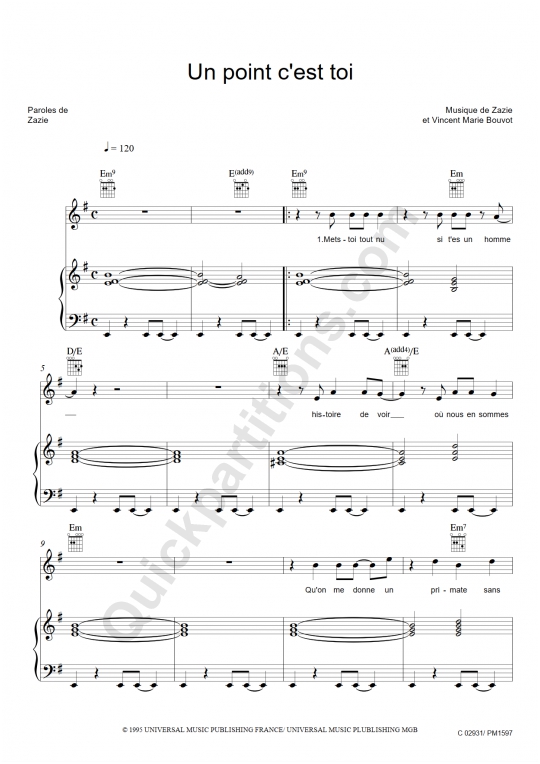 Partition piano Un point c'est toi - Zazie