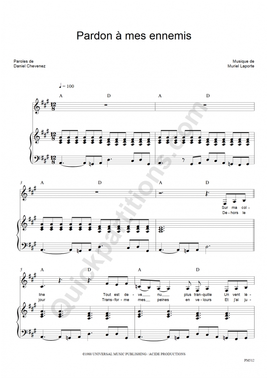 Partition piano Pardon à mes ennemis - Niagara