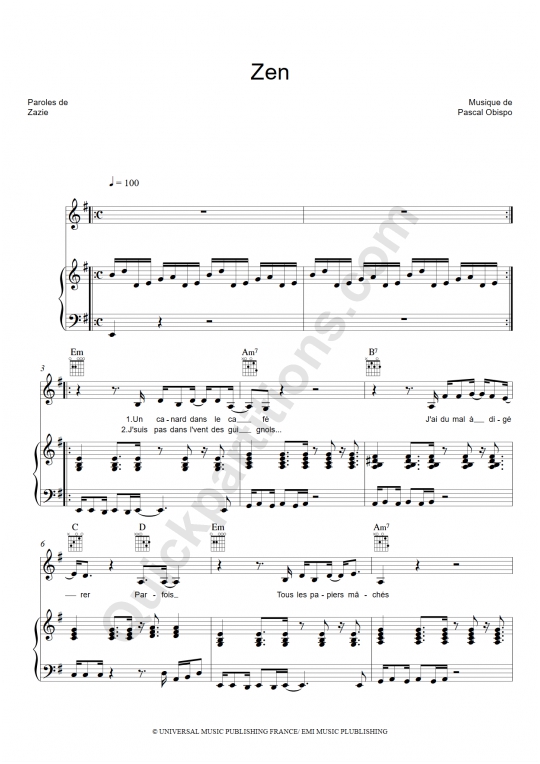 Partition piano Zen - Zazie