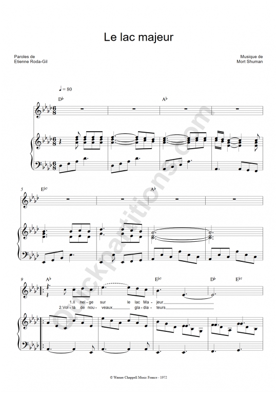 Partition piano Le lac majeur - Mort Shuman