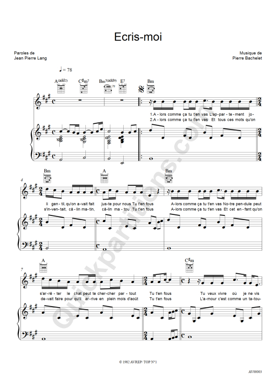 Partition piano Ecris-moi - Pierre Bachelet