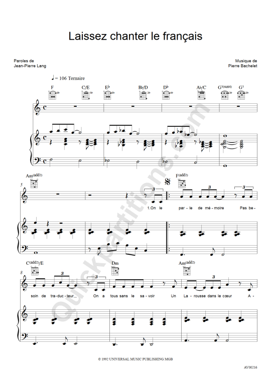Partition piano Laissez chanter le francais - Pierre Bachelet