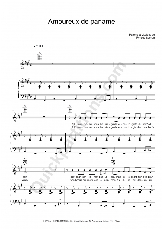 Partition piano Amoureux de paname - Renaud