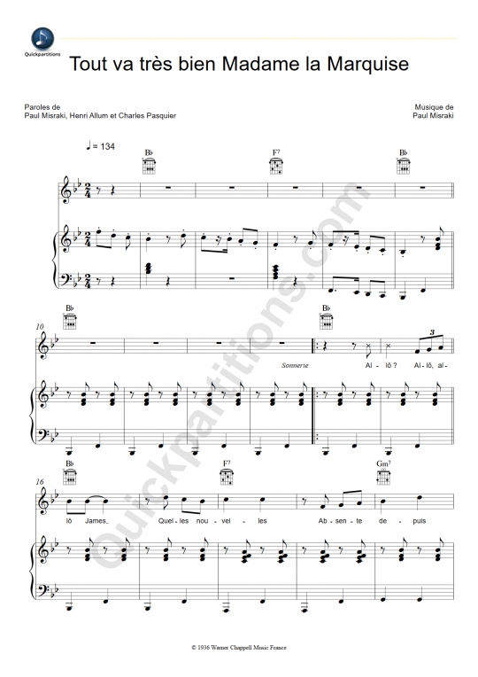 Tout va très bien Madame la Marquise Piano Sheet Music - Ray Ventura
