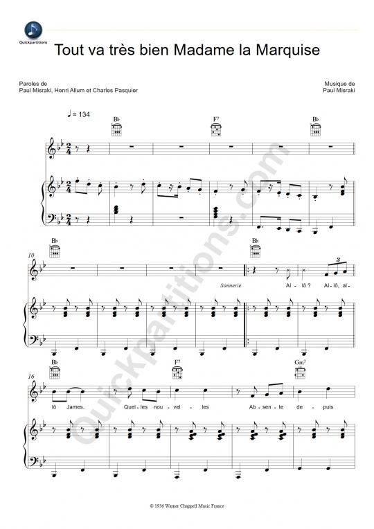 Partition piano Tout va très bien Madame la Marquise - Ray Ventura