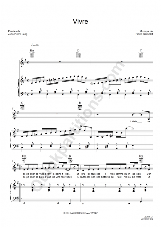 Vivre Piano Sheet Music - Pierre Bachelet