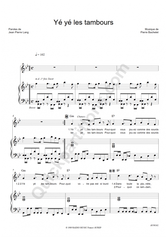 Yé Yé Les Tambours Piano Sheet Music - Pierre Bachelet