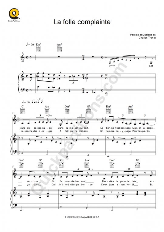 La folle complainte Piano Sheet Music - Charles Trenet