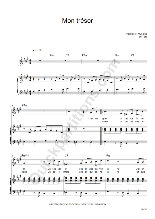 Partition piano Mon trésor - Tété