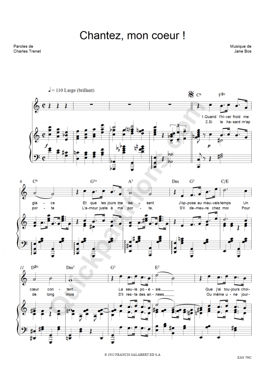 Partition piano Chantez mon coeur de Charles Trenet