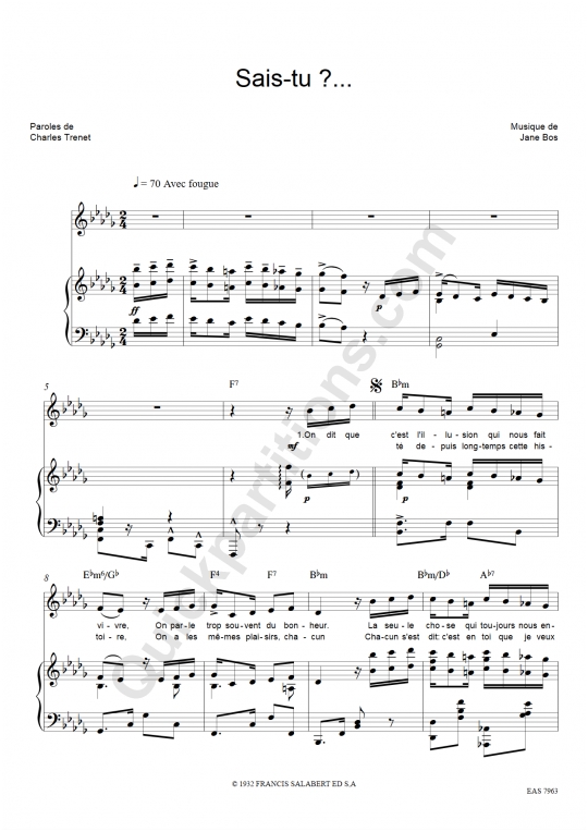 Partition piano Sais-tu ? de Charles Trenet
