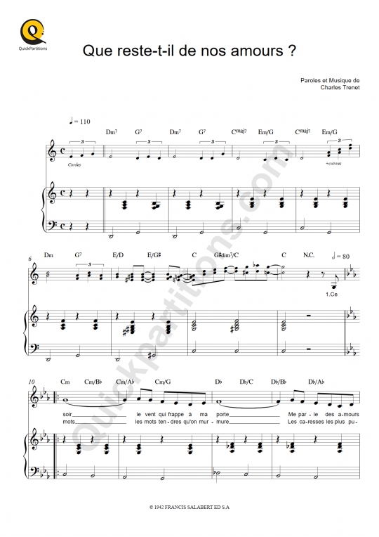 Que reste-t-il de nos amours ? Piano Sheet Music - Charles Trenet
