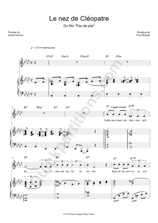 Partition piano Le nez de Cléopâtre - Ray Ventura