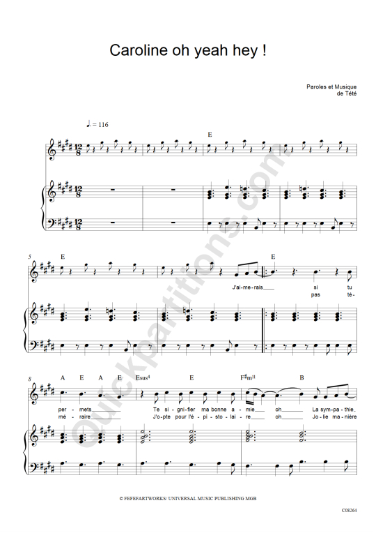 Caroline oh yeah hey Piano Sheet Music - Tété