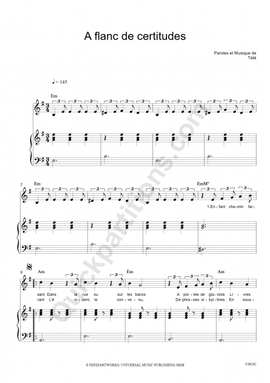 Partition piano A flanc de certitudes - Tété