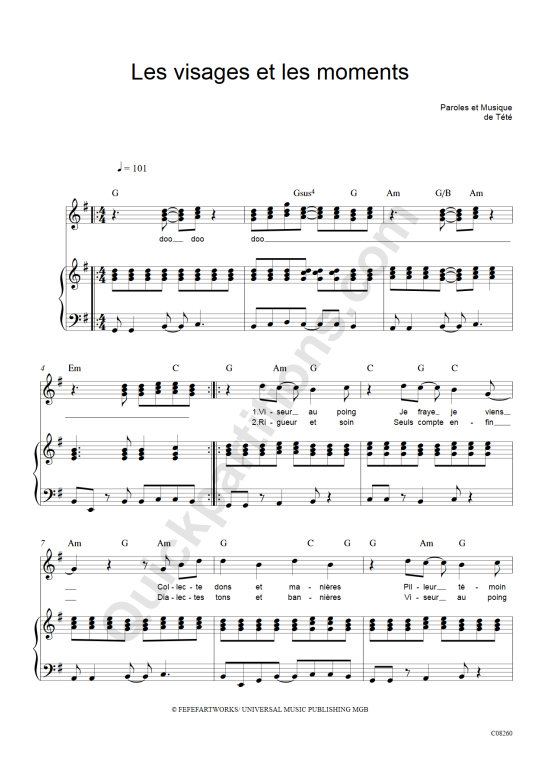 Les visages et les moments Piano Sheet Music - Tété