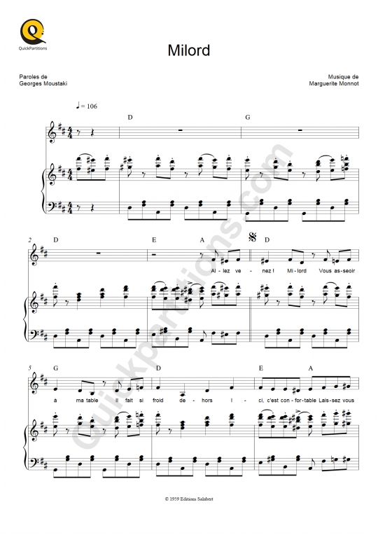 Partition piano Milord - Edith Piaf