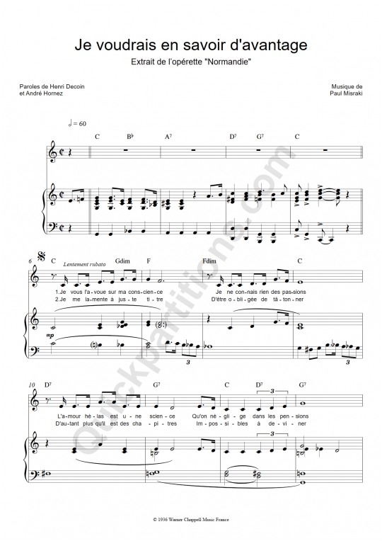 Partition piano Je voudrais en savoir d'avantage - Ray Ventura